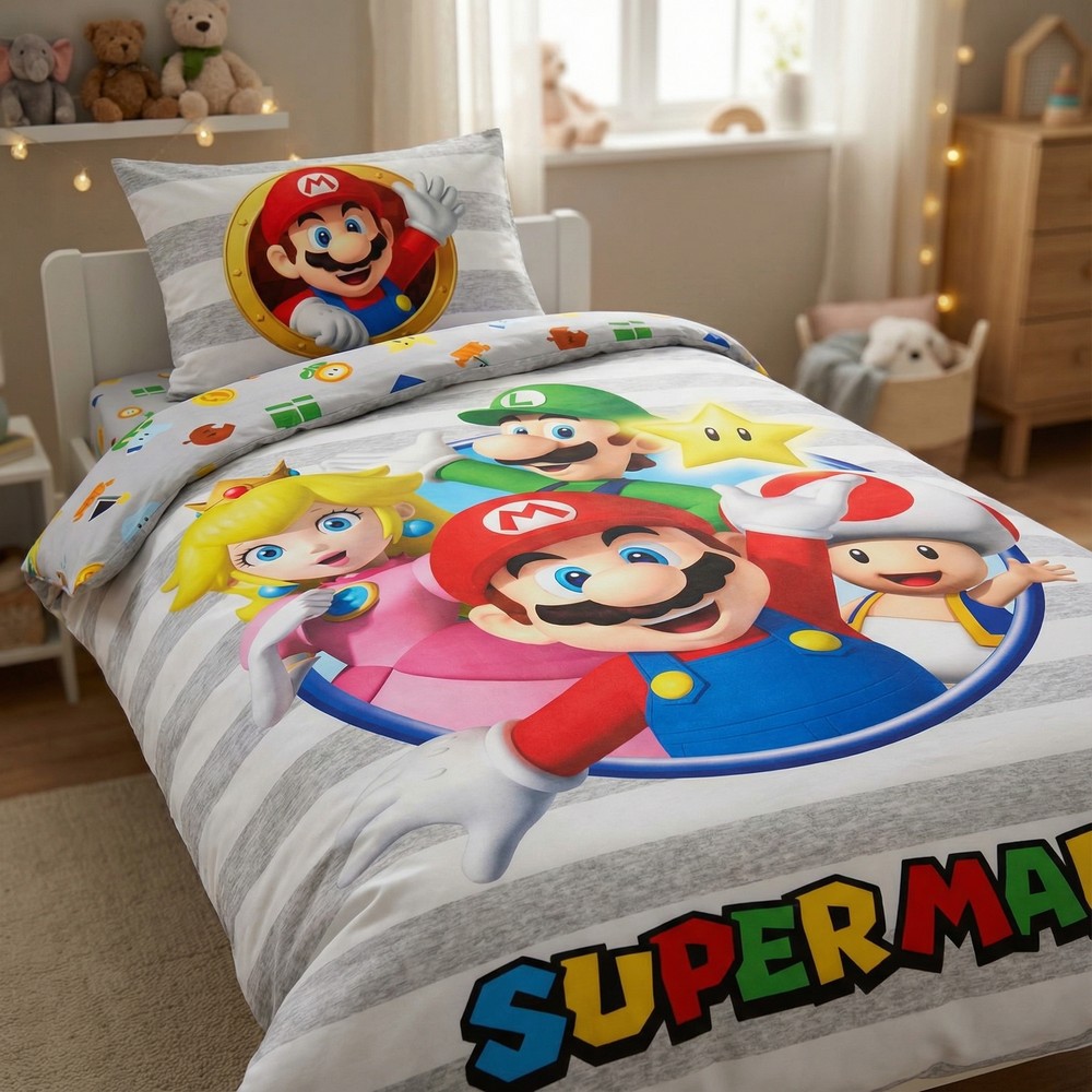 Super Mario Stribet Sengetøj (140 x 200 & 60 x 70 cm) | Super Mario Sengetøj - Temashop