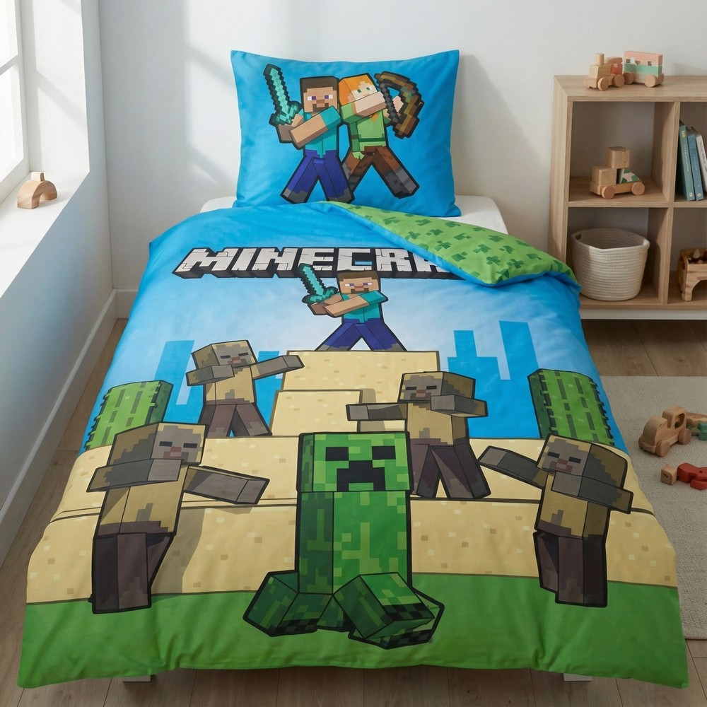 Minecraft Creeper Sengetøj (140 x 200 cm & 60 x 70 cm) | Minecraft Sengetøj - Temashop