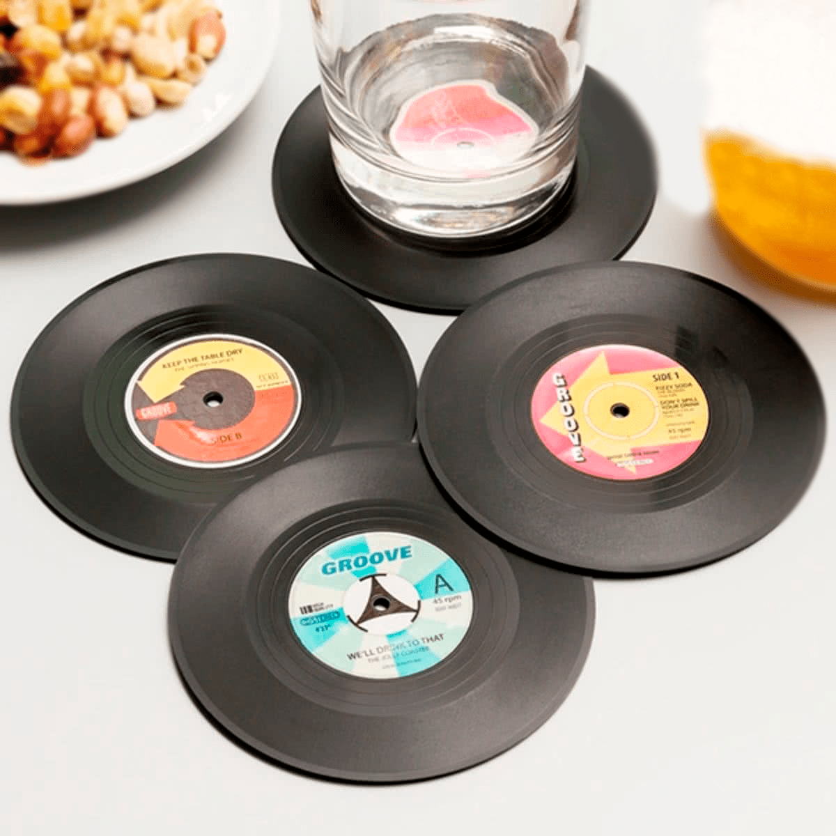Vinyl Drinksbrikker - 4 stk (104 mm) | 70'erne Disco Ølbrikker - Temashop