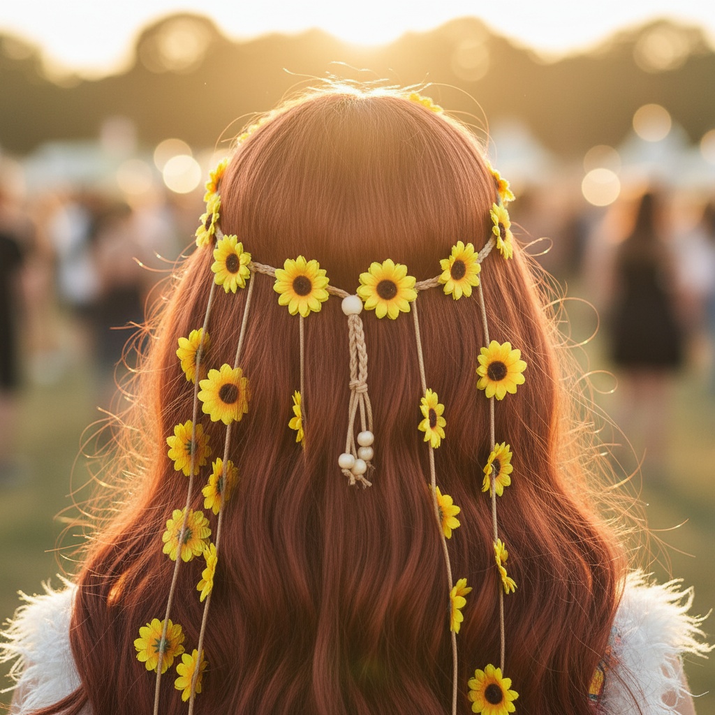 Hippie Solsikke Hårblomster Gul | 60'erne Hippie Hårbøjle / Pandebånd / Hårbånd - Hovedtilbehør - Temashop