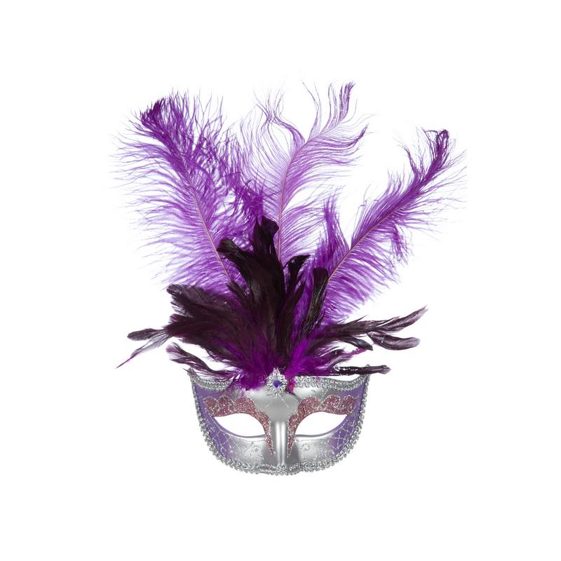 Venedig Maske Med Fjer Lilla | Masquerade Maske - Hovedtilbehør - Temashop