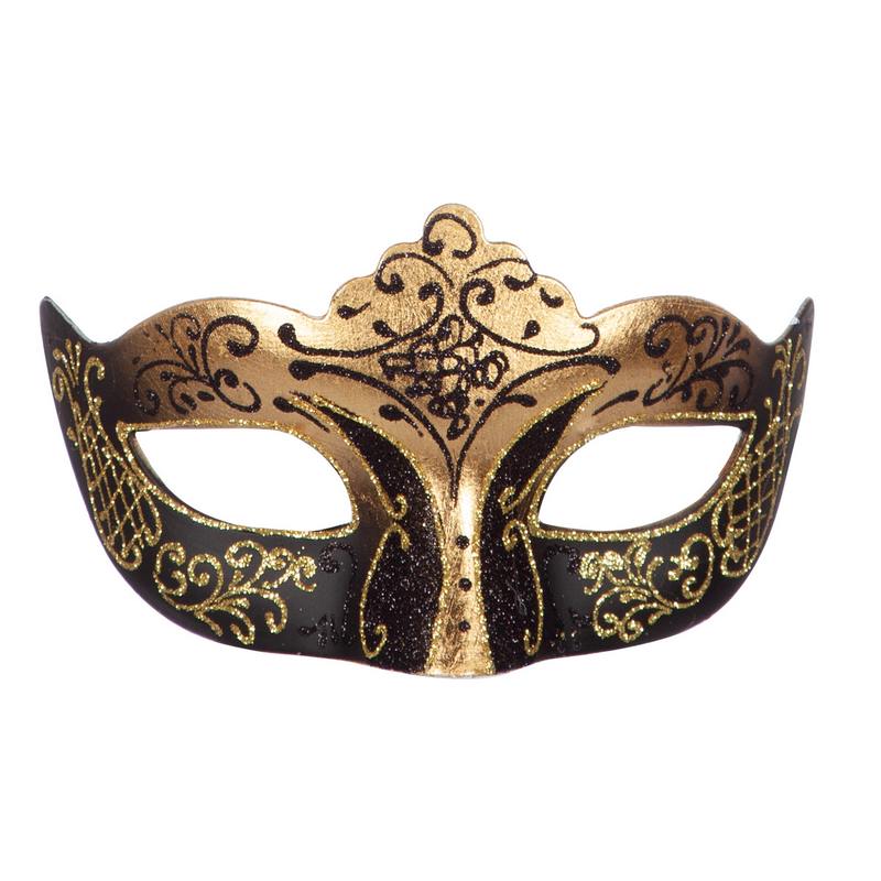 Venedig Glimmer Maske Guld/Sort | Masquerade Maske - Hovedtilbehør - Temashop