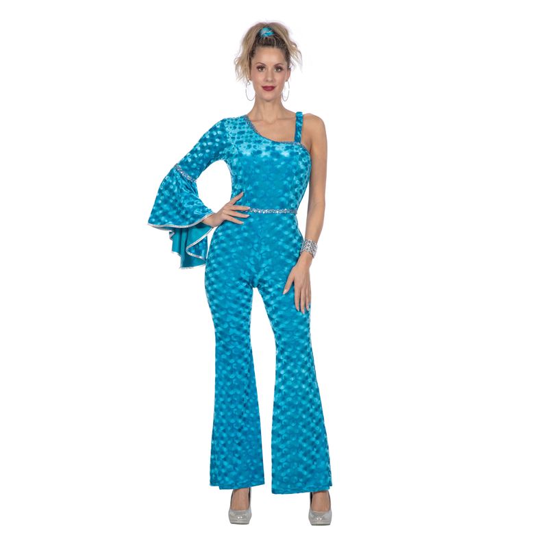 Disco Catsuit Kostume Aquablå - Årtier kostume til voksne i størrelserne XS-3XL | 70'erne Disco kostume til kvinder - Temashop