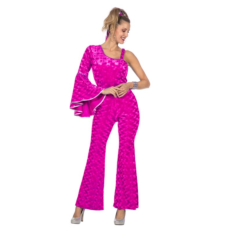 Disco Catsuit Kostume Pink - Årtier kostume til voksne i størrelserne XS-3XL | 70'erne Disco kostume til kvinder - Temashop