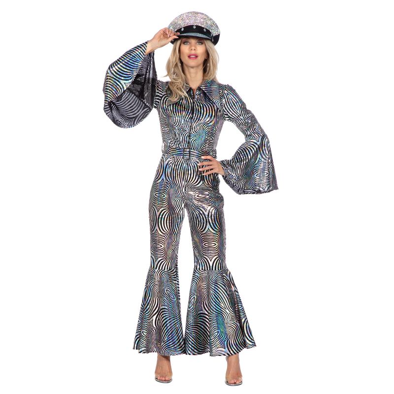 Disco Catsuit Kostume Sølv - Årtier kostume til voksne i størrelserne XS-XL | 70'erne Disco kostume til kvinder - Temashop