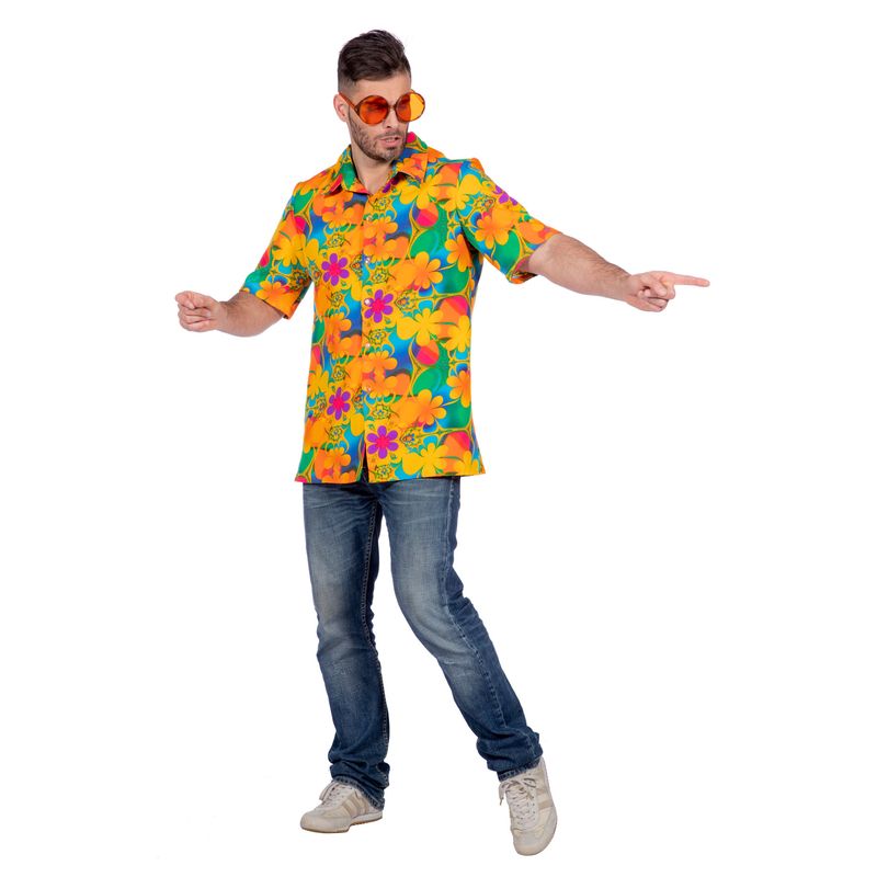 Hawaiiblomst Skjorte Orange/Grøn - Temafester kostume til voksne i størrelserne S-3XL | Hawaii kostume til mænd - Temashop