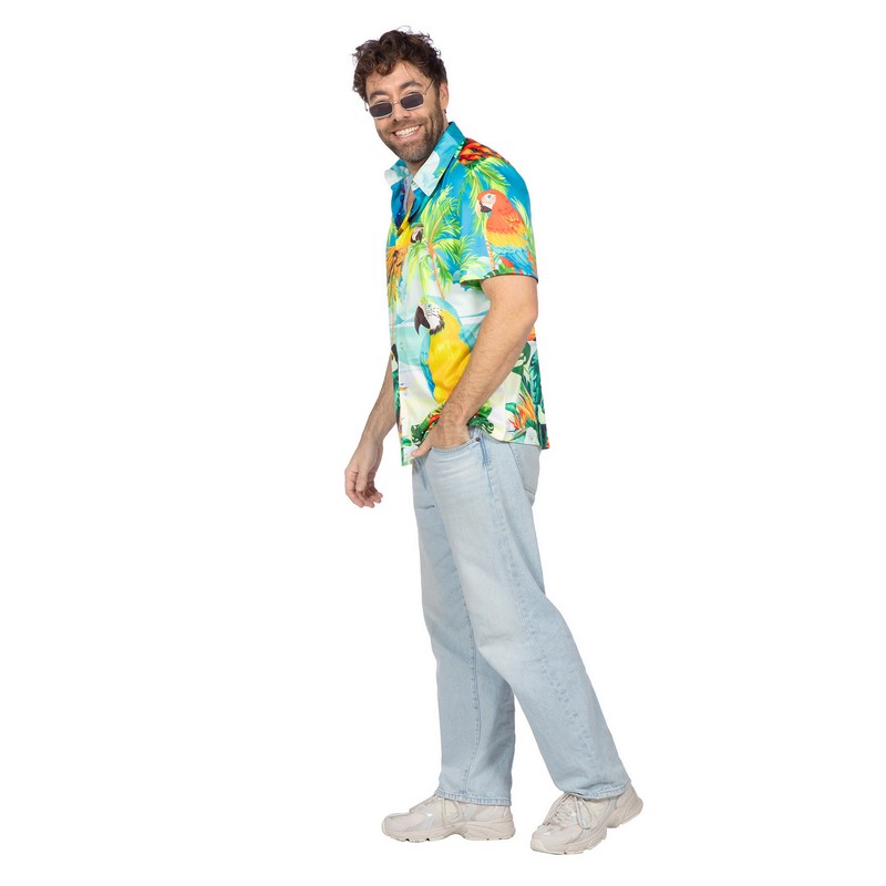 Papegøje Hawaiiskjorte - Temafester kostume til voksne i størrelserne S-XL | Hawaii kostume til mænd - Temashop