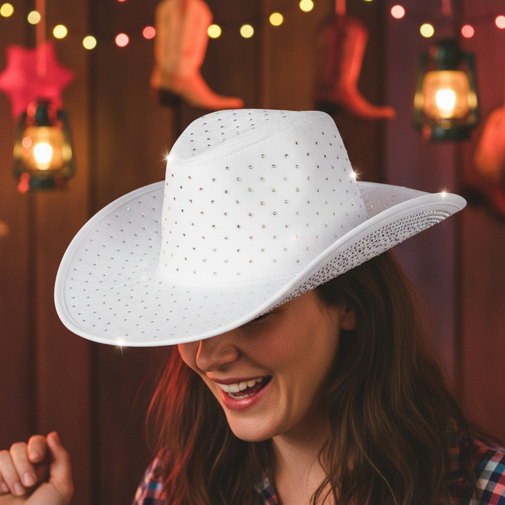 Rhinsten Cowboyhat Hvid | Det vilde vesten Hat / Hue / Hjelm - Hovedtilbehør - Temashop