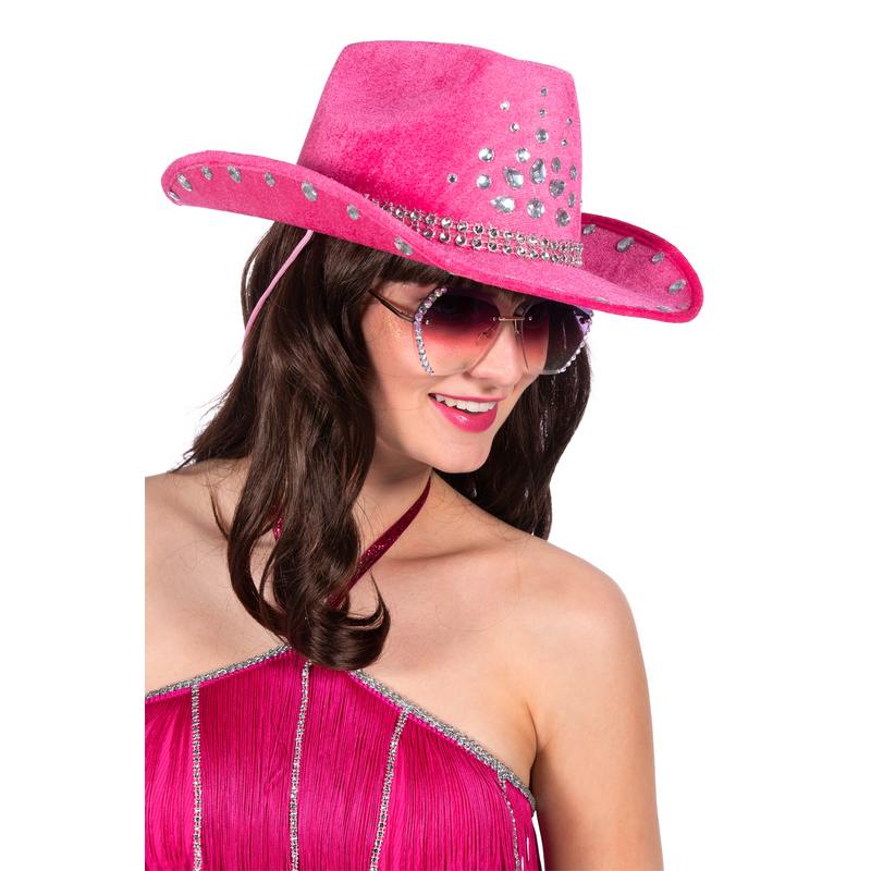 Rhinsten Cowboyhat Pink | Det vilde vesten Hat / Hue / Hjelm - Hovedtilbehør - Temashop