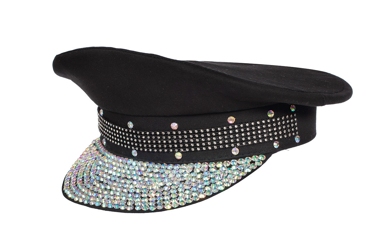 Festival Rhinsten Kaptajnhat Sort | Festival Hat / Hue / Hjelm - Hovedtilbehør - Temashop