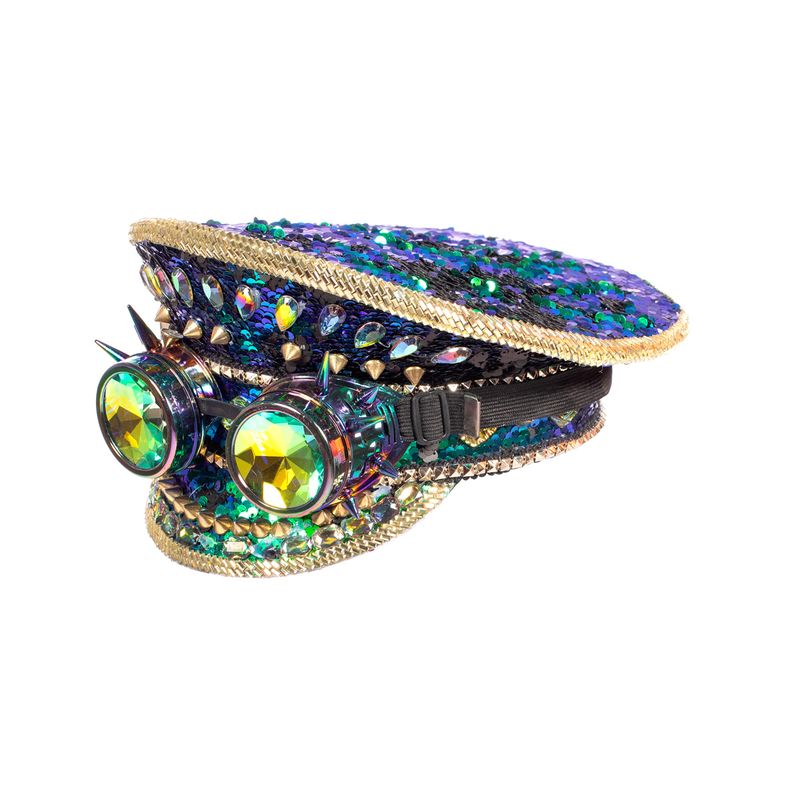 Burning Man Kaptajnhat Blå/Grøn & Goggles | Steampunk Hat / Hue / Hjelm - Hovedtilbehør - Temashop