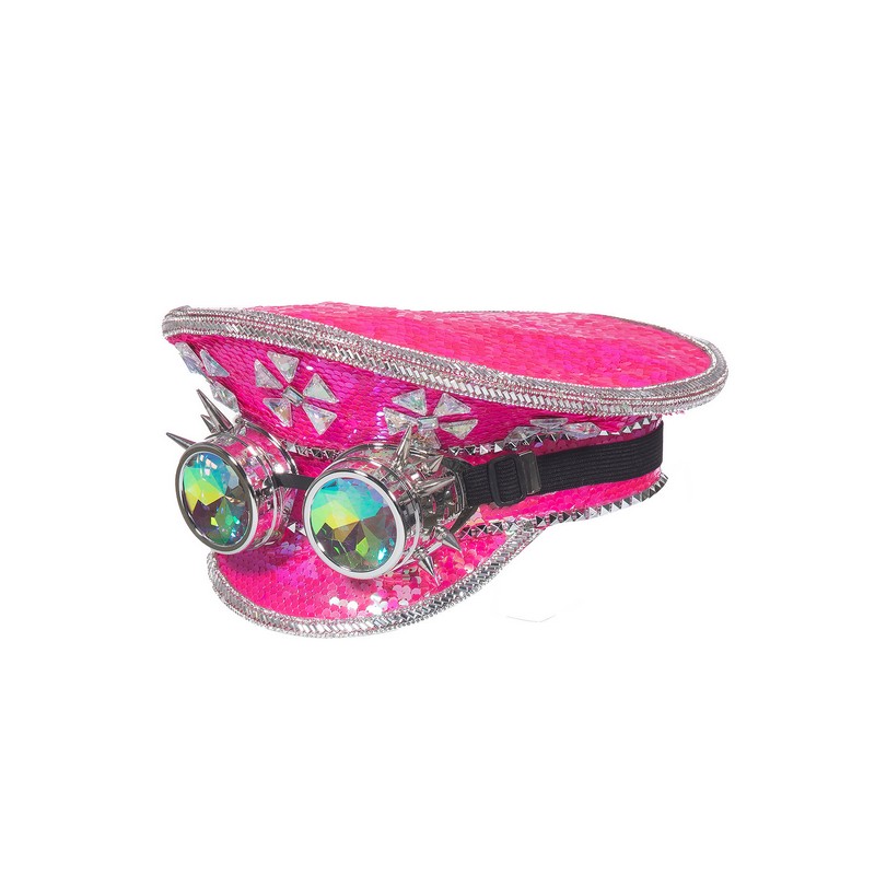 Burning Man Kaptajnhat Pink & Goggles | Festival Hat / Hue / Hjelm - Hovedtilbehør - Temashop