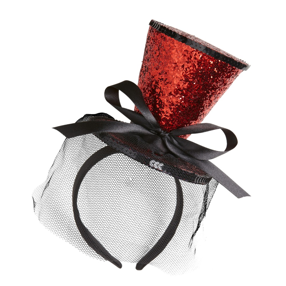 Rød Glimmer Mini Cylinderhat På Hårbøjle (11,5 x 25 cm) | 20'erne Gangster Hat / Hue / Hjelm - Hovedtilbehør - Temashop