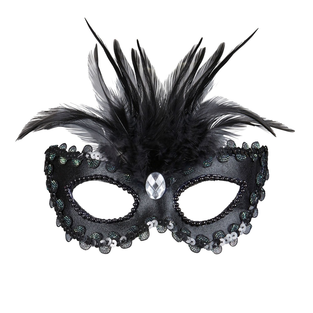 Venedig Maske Med Fjer Sort | Masquerade Maske - Hovedtilbehør - Temashop