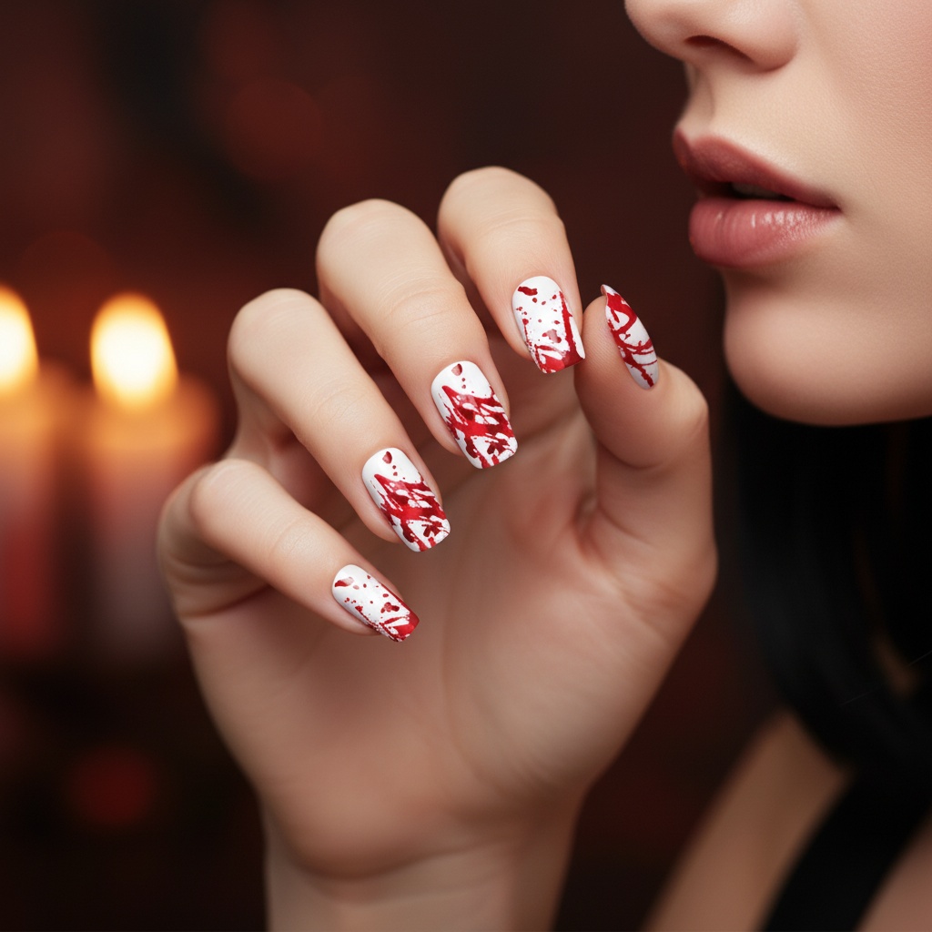 Blod Splatter Negle | Blodstænk Negle / Neglelak - Makeup & Negle - Temashop