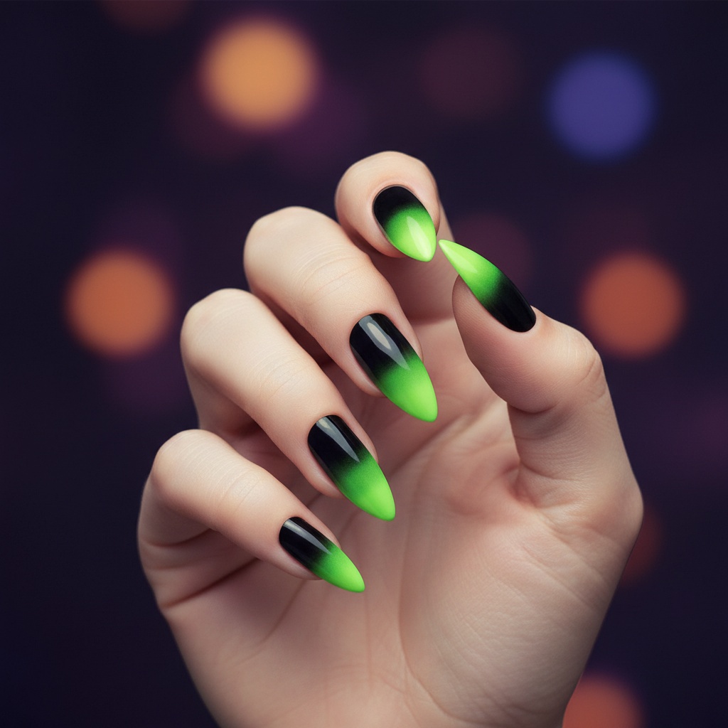 Neon Negle Grøn/Sort | Halloween Negle / Neglelak - Makeup & Negle - Temashop