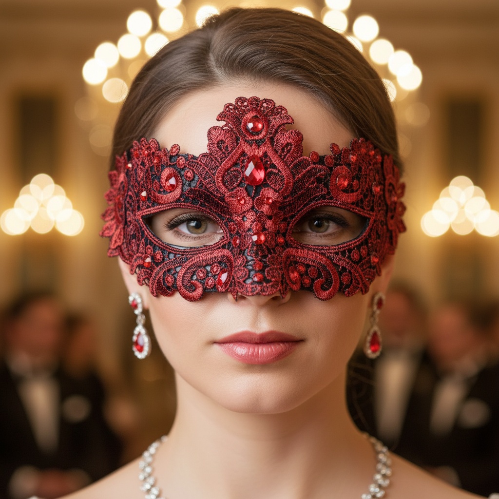 Venetiansk Blonde Øjenmaske Rød | Masquerade Maske - Hovedtilbehør - Temashop
