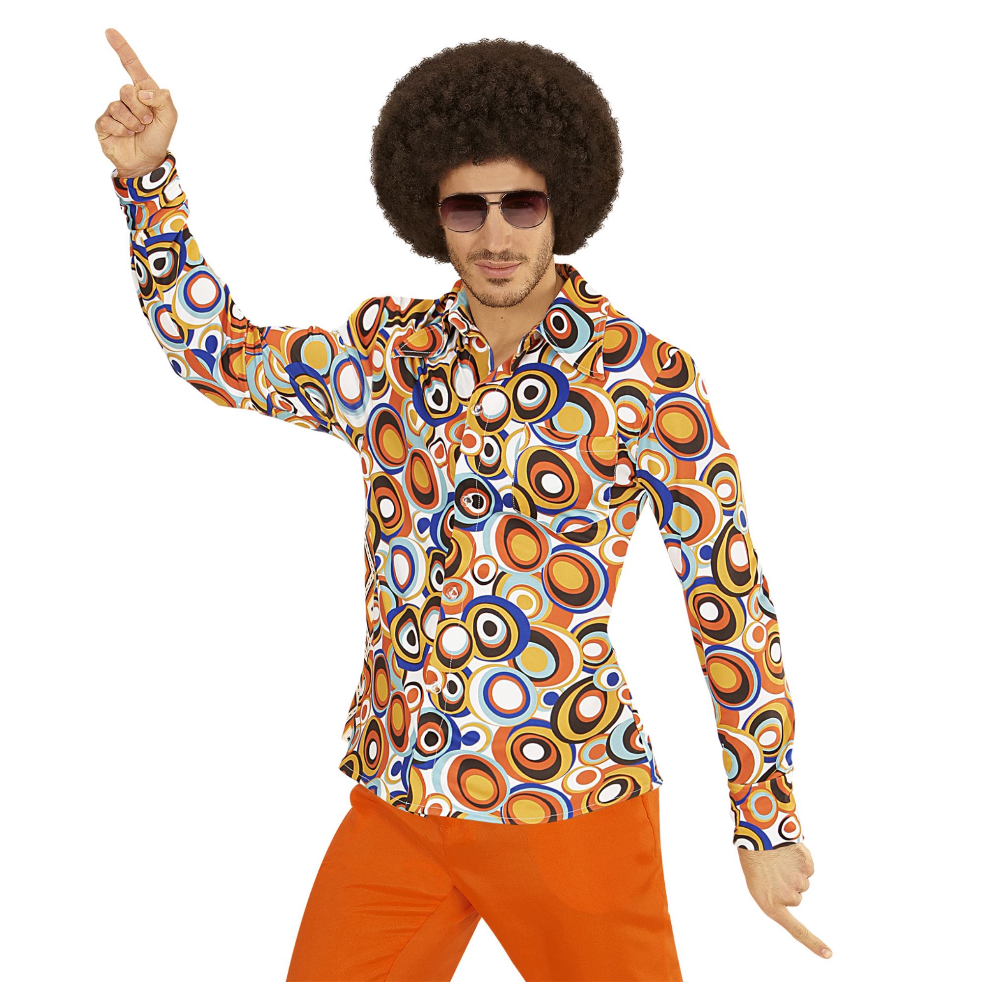 70'er Skjorte Orange Cirkler - Årtier kostume til voksne i størrelserne S-3XL | 70'erne Disco kostume til mænd - Temashop