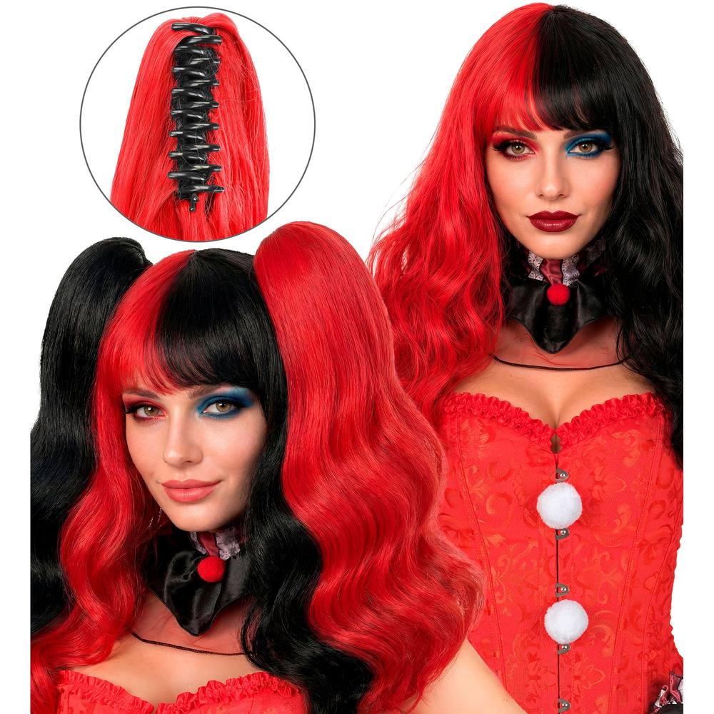 Harlekin Paryk Med Hårextensions Rød/Sort | Harlequin Paryk - Hovedtilbehør - Temashop