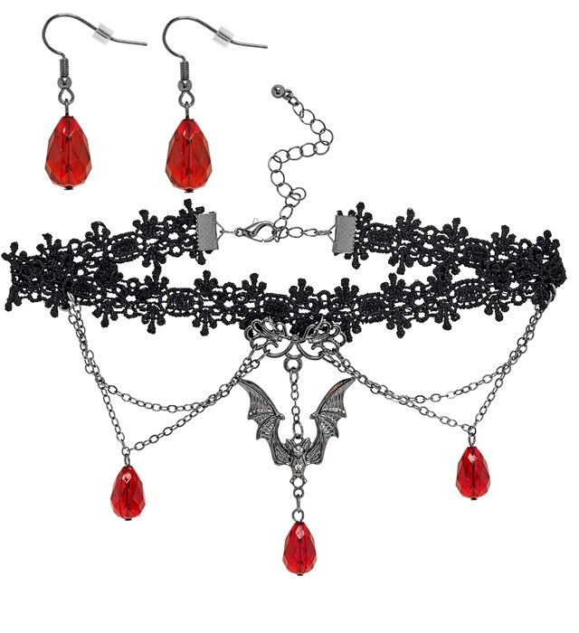 Bloddråbe Choker & Øreringe Sort/Rød | Vampyr Smykkesæt - Smykker - Temashop