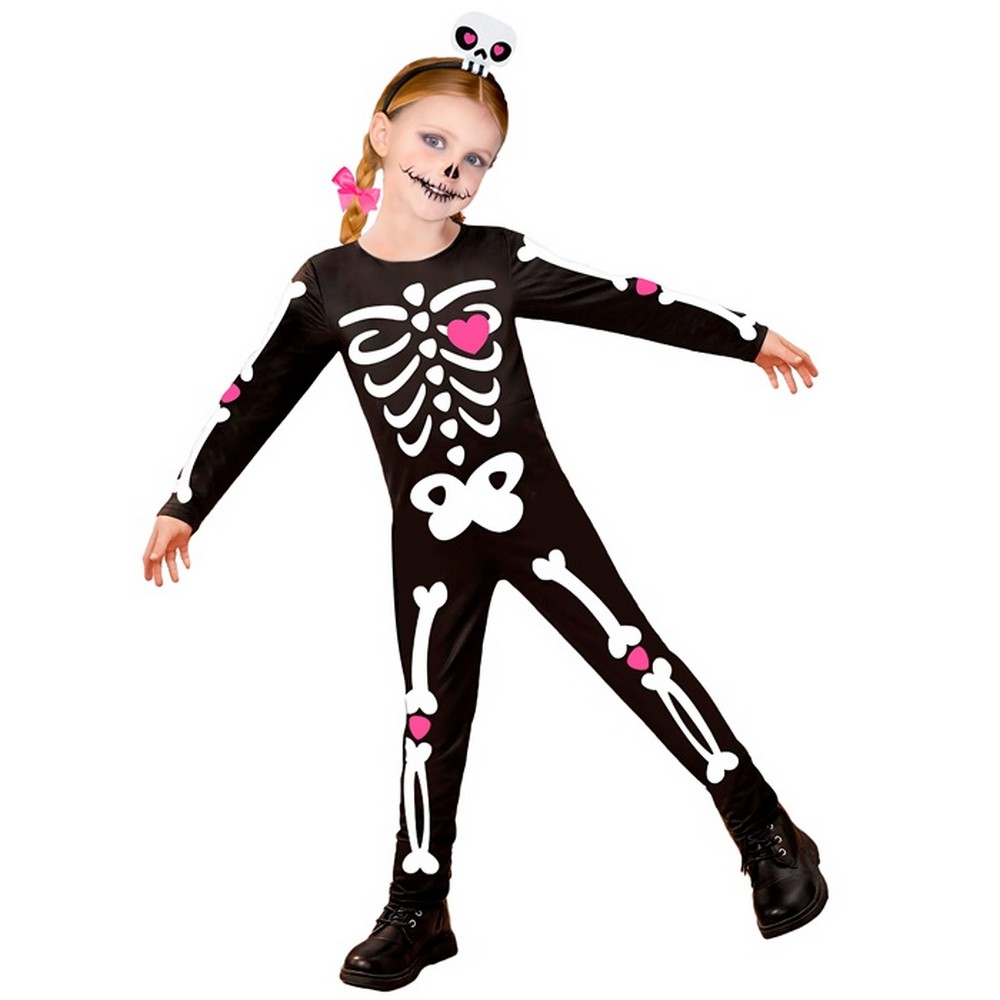 Skelet Pige Børnekostume Lyserød - Halloween kostume til børn i størrelserne 80-98 | Skelet udklædning til børn - Temashop