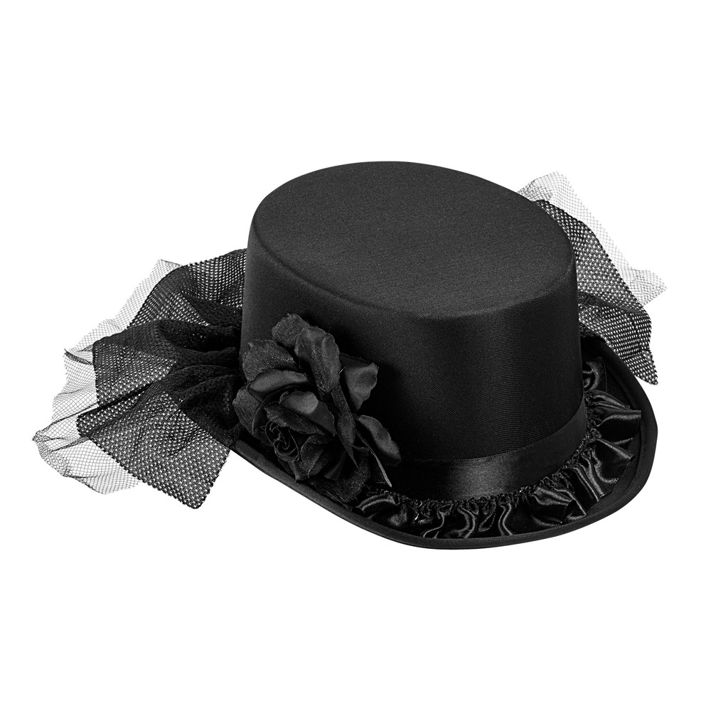 Sort Cylinderhat Med Rose Og Tyl (12 cm) | Gotisk Hat / Hue / Hjelm - Hovedtilbehør - Temashop