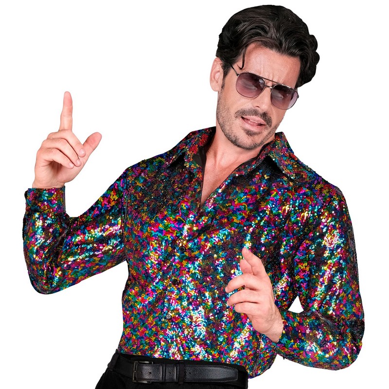 70'er Disko Paillet Skjorte Multi - Årtier kostume til voksne i størrelserne S-XL | 70'erne Disco kostume til mænd - Temashop
