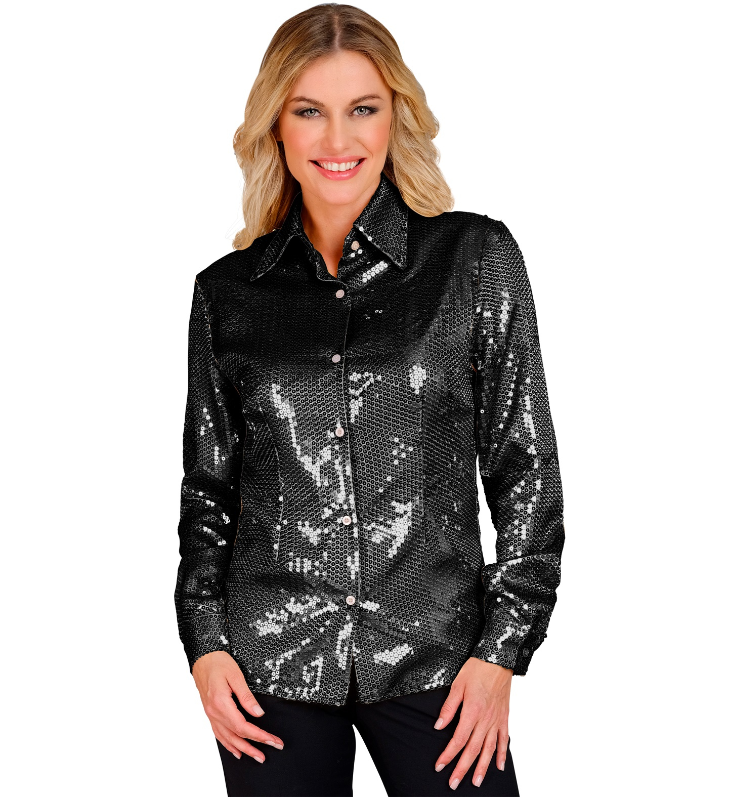Shiny Pailletskjorte Sort - Farvetemaer kostume til voksne i størrelserne S-XL | Sort tema kostume til kvinder - Temashop
