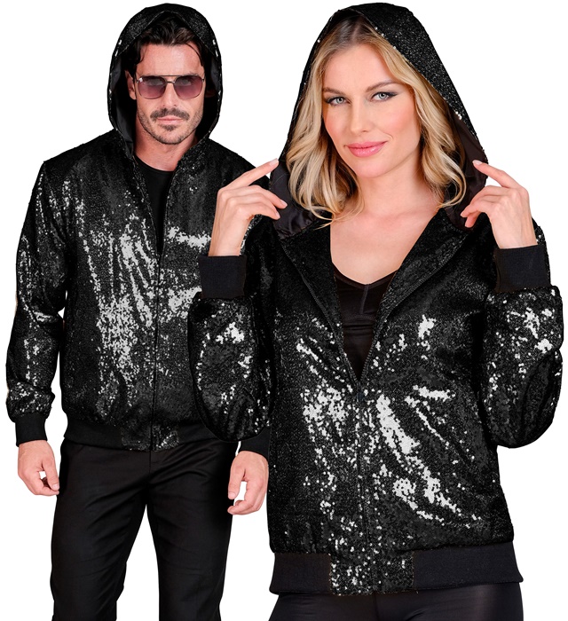 Paillet Bomberjakke Sort - Årtier kostume til voksne i størrelserne S-XL | 70'erne Disco - Temashop
