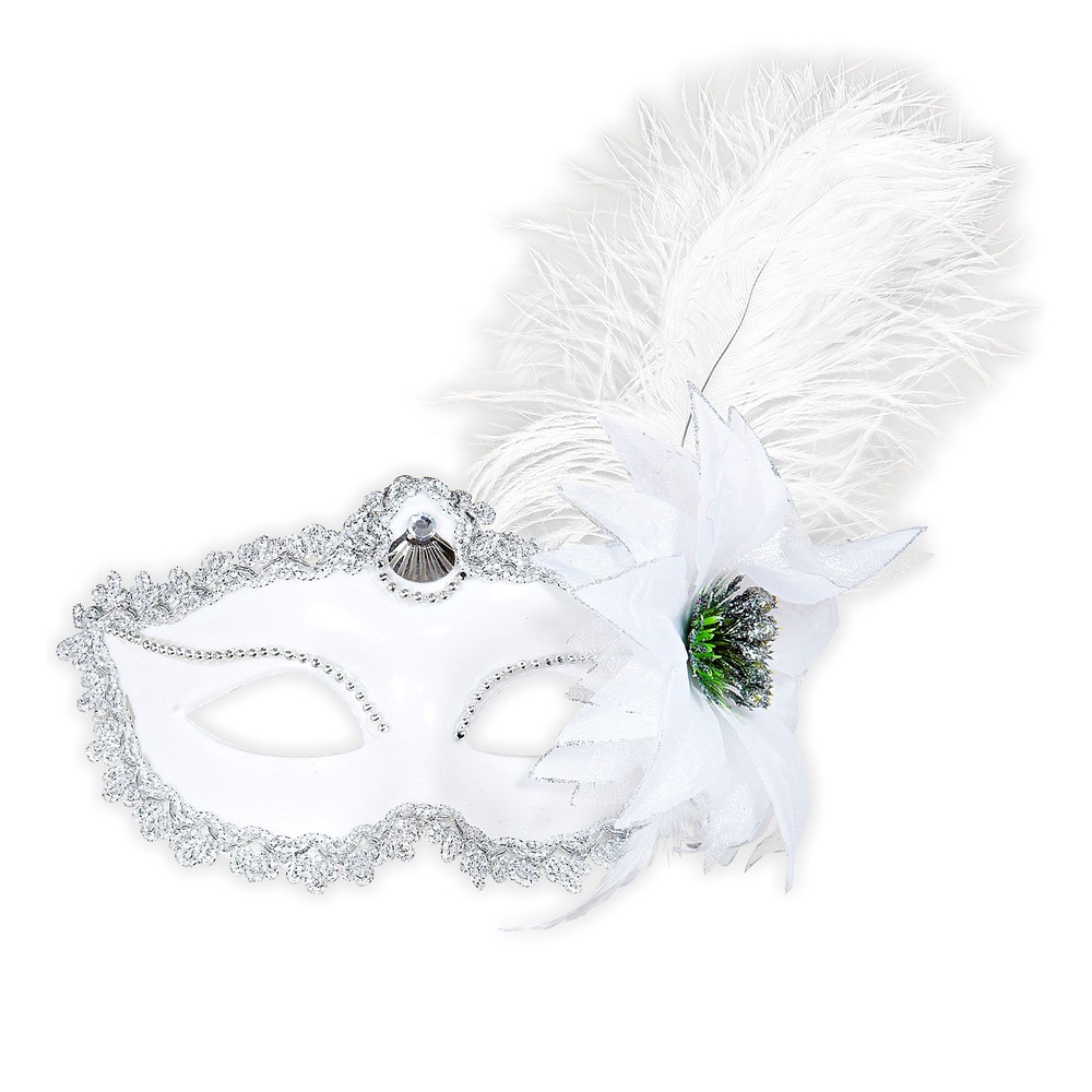 Hvid Øjenmaske Med Rose Og Fjer | Karneval Maske - Hovedtilbehør - Temashop