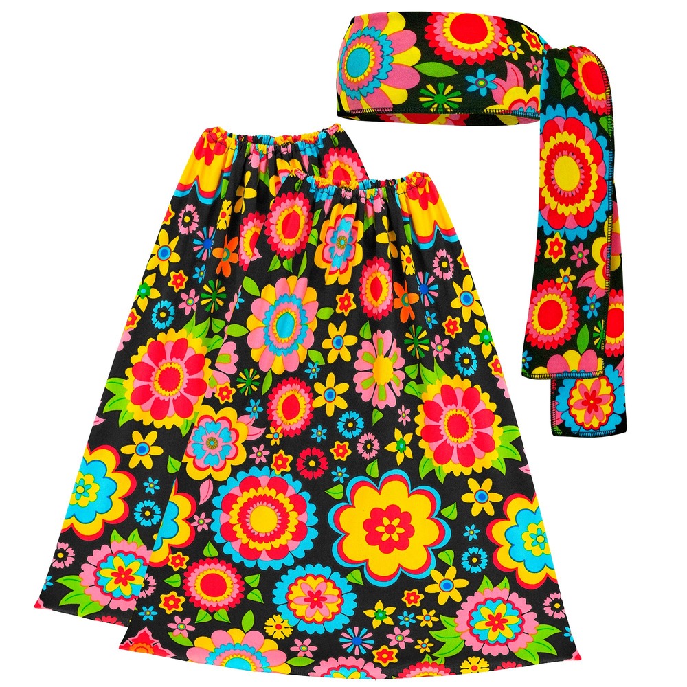 60'er Blomster Pandebånd & Benvarmere Sort | 60'erne Hippie Svedbånd / Benvarmere - Beklædning - Temashop
