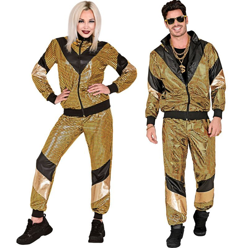 Guld Reflekterende 80'er Træningsdragt Kostume - Årtier kostume til voksne i størrelserne S-XL | 80'erne Totally - Temashop