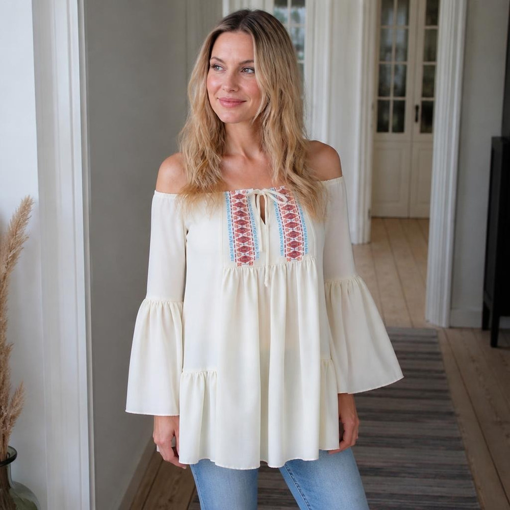 Hippie Bluse Cremehvid | 60'erne Hippie Overdel - Beklædning - Temashop