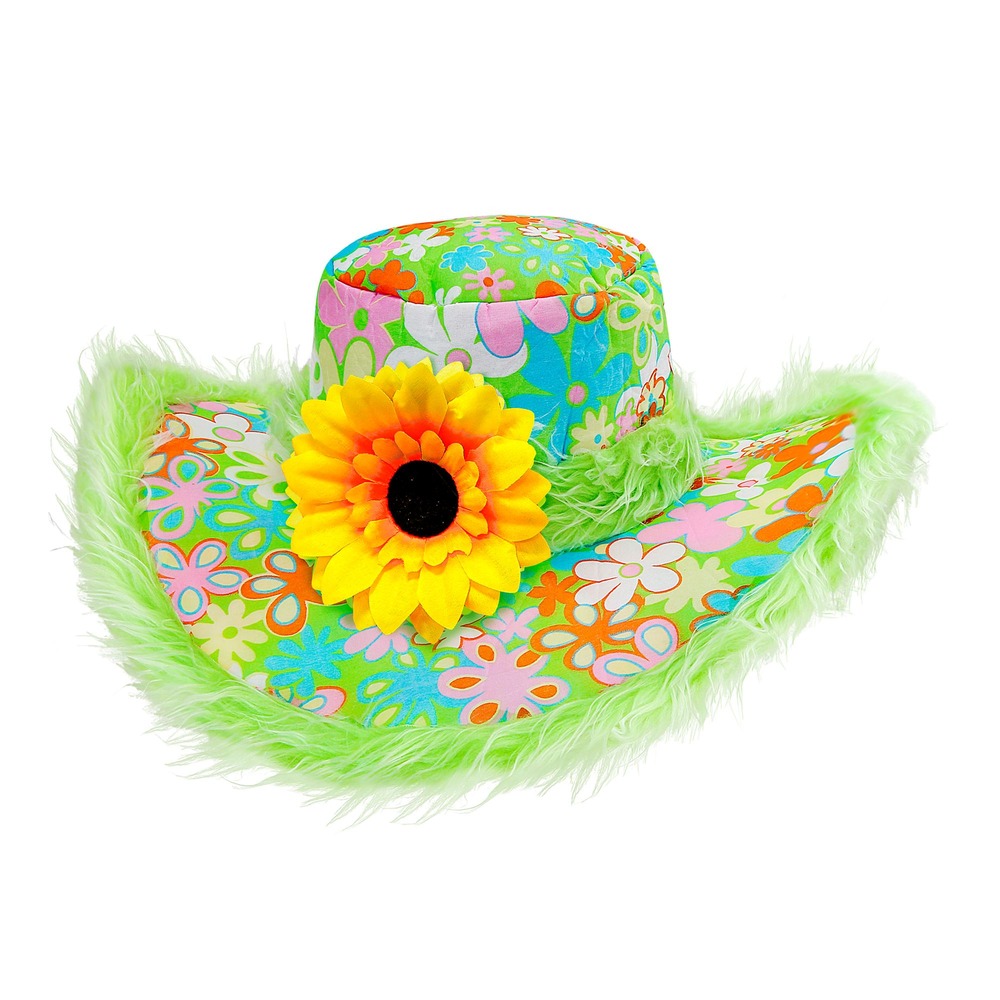 Grøn Hippie Hat Med Solsikke (62 cm) | 60'erne Hippie Hat / Hue / Hjelm - Hovedtilbehør - Temashop