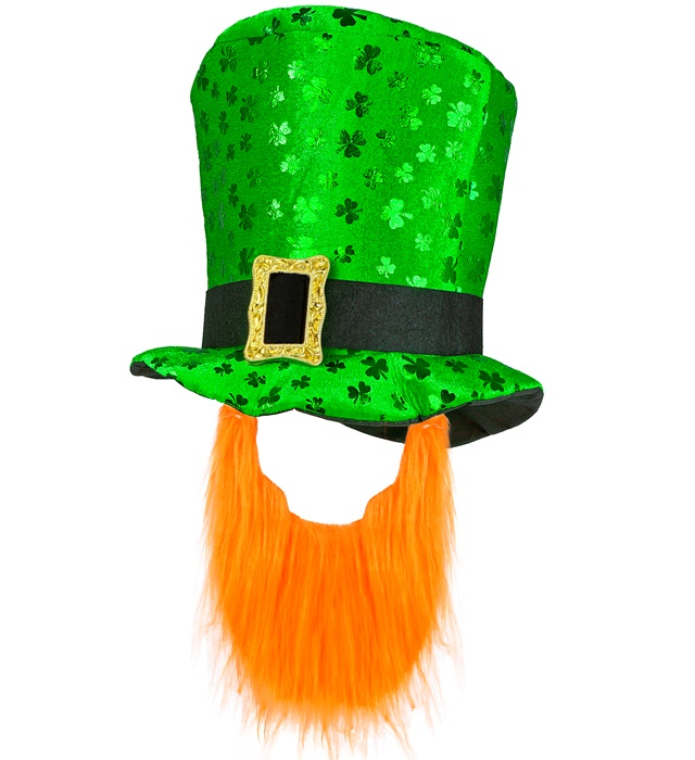 Leprechaun Højhat & Skæg Grøn | Sankt Patricks dag Hat / Hue / Hjelm - Hovedtilbehør - Temashop
