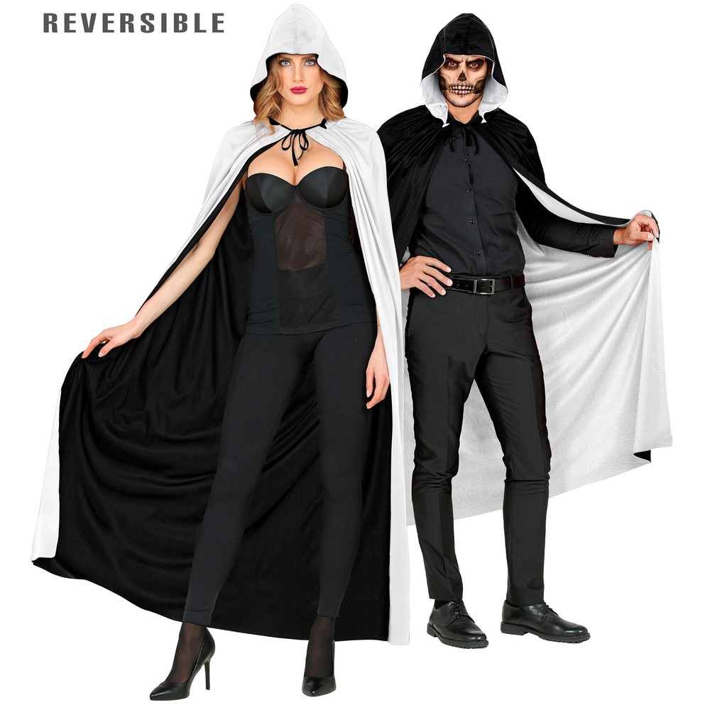 Vendbar Kappe Med Hætte Sort/Hvid (140 cm) | Karneval Kappe - Beklædning - Temashop