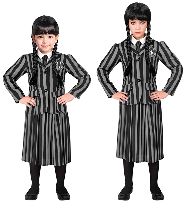Stribet Gotisk Pige Børnekostume - Halloween kostume til børn i størrelserne 104-158 | Wednesday udklædning til børn - Temashop
