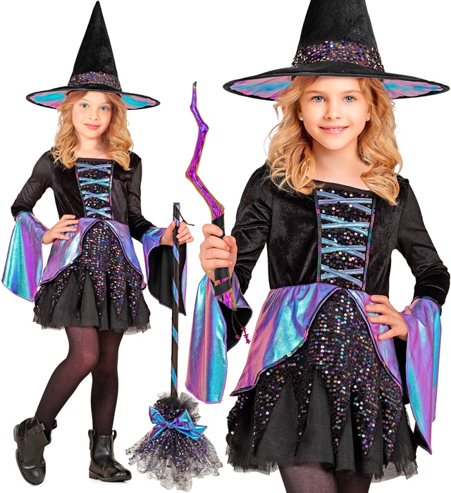 Glitrende Heks Børnekostume - Halloween kostume til børn i størrelserne 104-158 | Heks udklædning til børn - Temashop