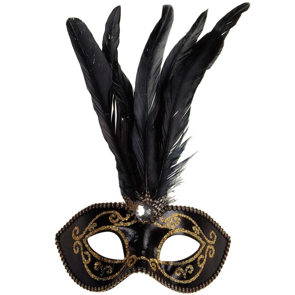 Venedig Maske Med Fjer Guld/Sort | Masquerade Maske - Hovedtilbehør - Temashop