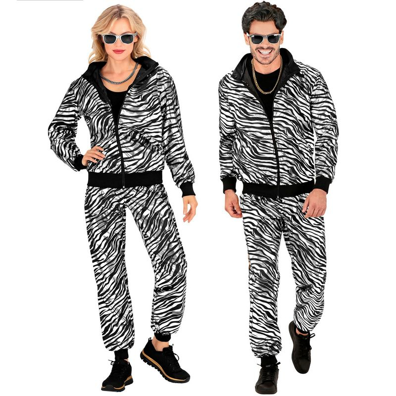 Sølvstribet 80'er Træningsdragt Kostume - Årtier kostume til voksne i størrelserne S-XL | 80'erne Totally - Temashop
