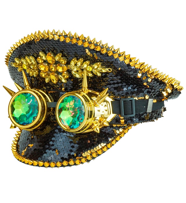 Glimmer Steampunk Kaptajnhat Sort/Guld | Steampunk Hat / Hue / Hjelm - Hovedtilbehør - Temashop