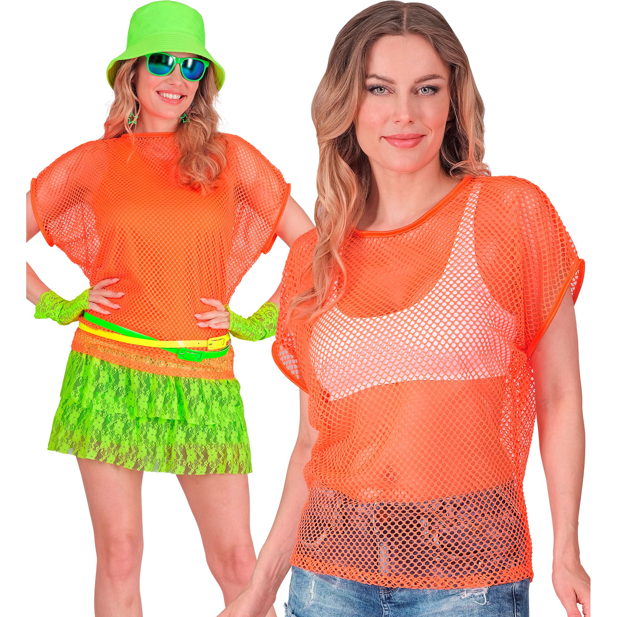 Netbluse Neonorange - Farvetemaer kostume til voksne i størrelserne S-XL | Orange tema kostume til kvinder - Temashop