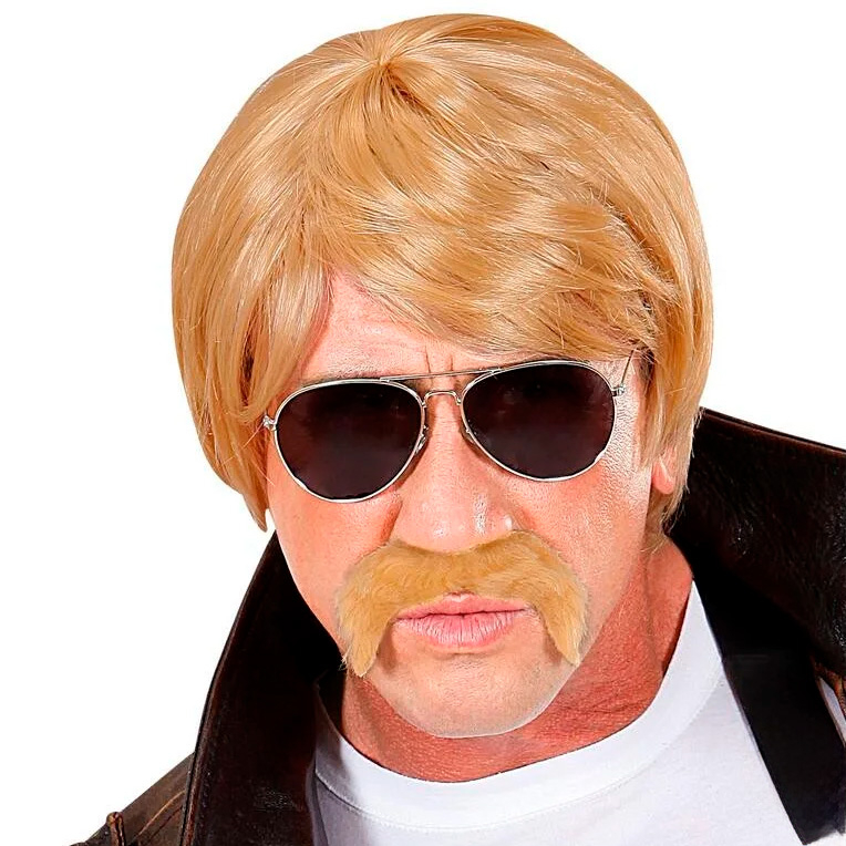 Blond Paryk & Moustache | 80'erne Totally Paryk - Hovedtilbehør - Temashop