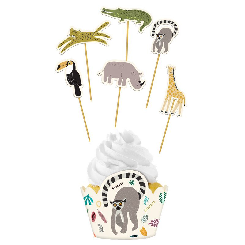 Zoo Party Madpinde & Cupcake Wrappers - 12 dele (22 x 6 cm) | Zoo dyr Kagepinde - Temashop